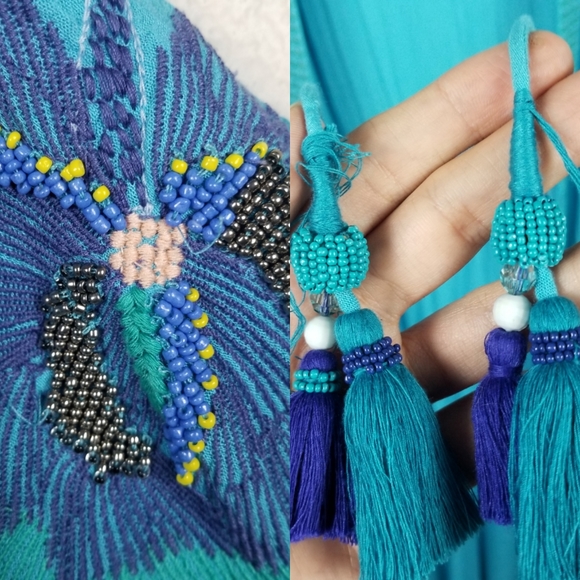 Chico's Aqua Blue Embroidery Beaded Bohemian Duster Kimono Beach Cover Up Sz S/M - Picture 12 of 12
